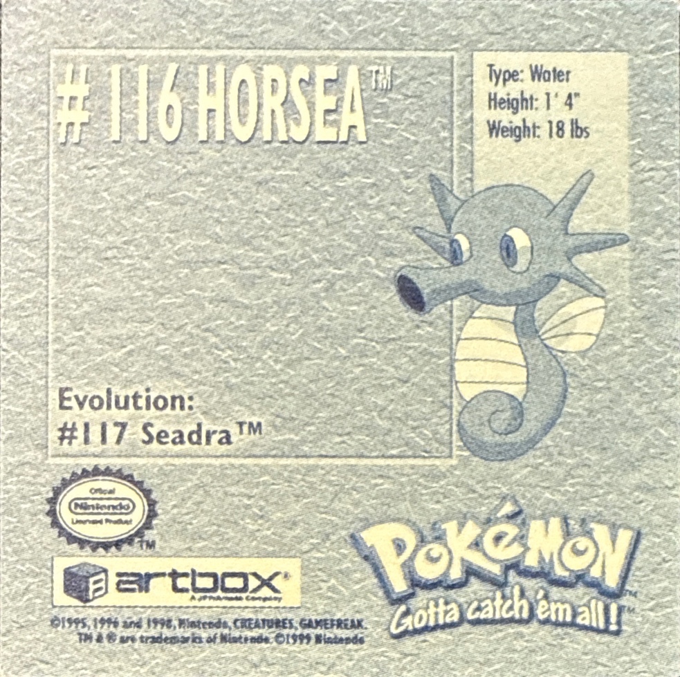 Horsea sticker #116, Artbox (USA) Pokémon Artbox Stickers (1999), back