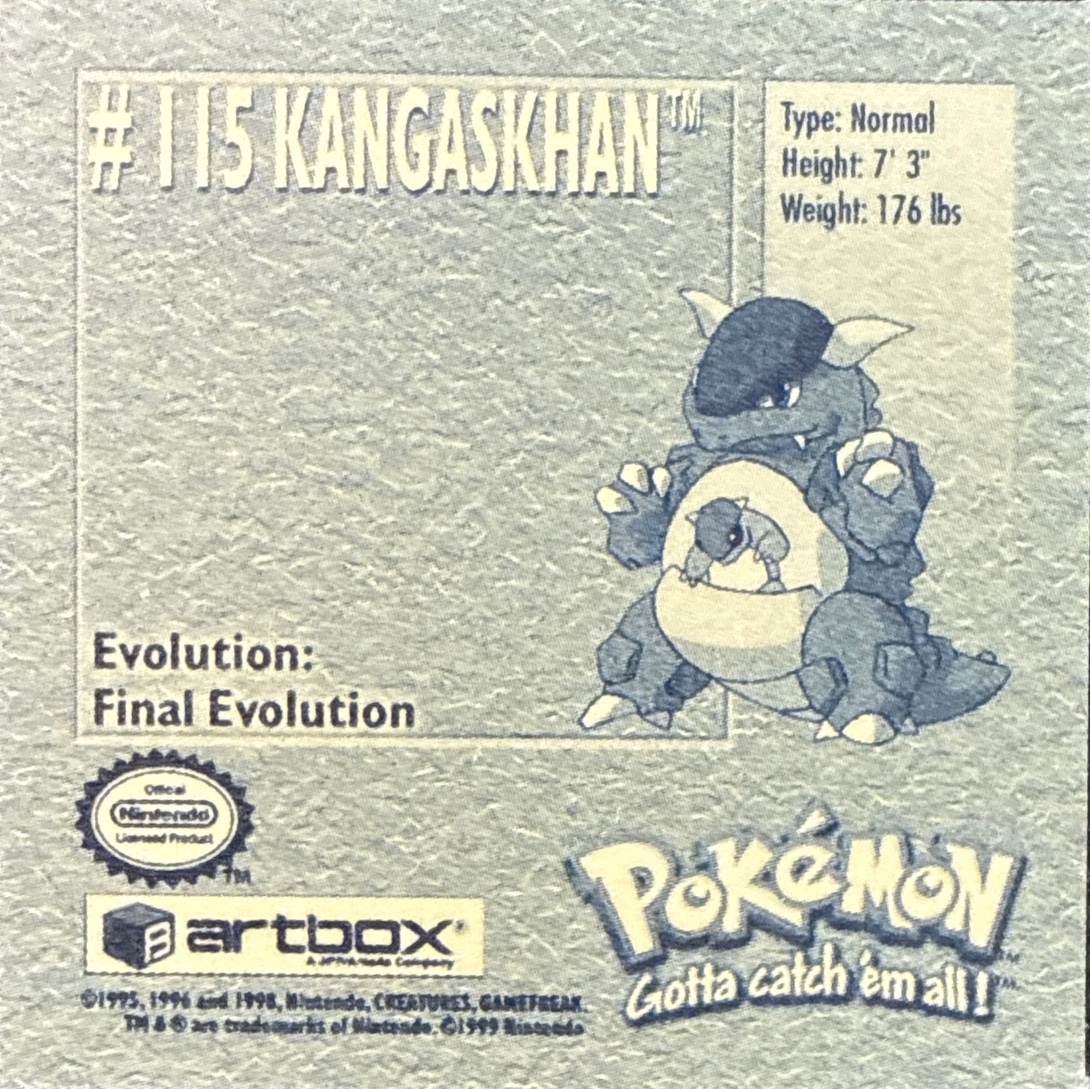 Kangaskhan sticker #115, Artbox (USA) Pokémon Artbox Stickers (1999), back