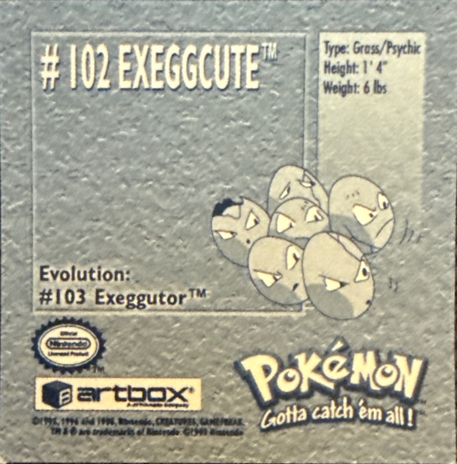 Exeggcute sticker #102, Artbox (USA) Pokémon Artbox Stickers (1999), back