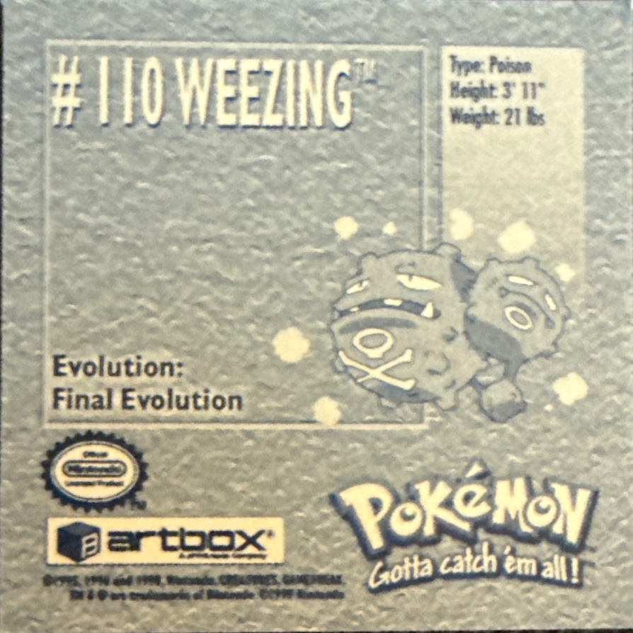 Weezing sticker #110, Artbox (USA) Pokémon Artbox Stickers (1999), back