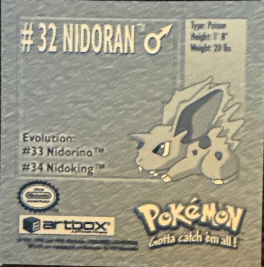 Nidoran♂ sticker #32, Artbox (USA) Pokémon Artbox Stickers (1999), back