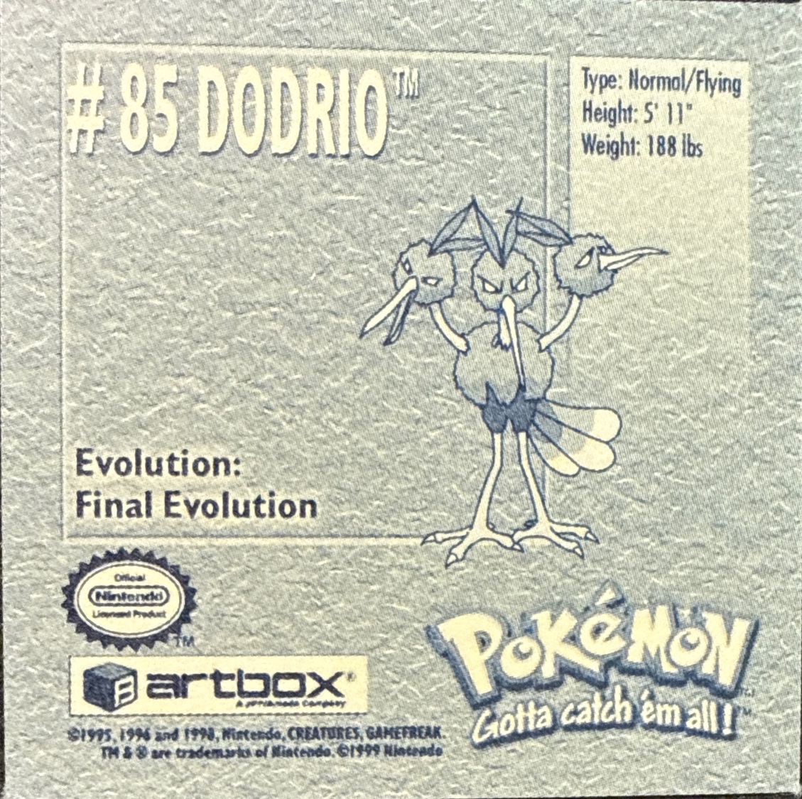Dodrio sticker #85, Artbox (USA) Pokémon Artbox Stickers (1999), back
