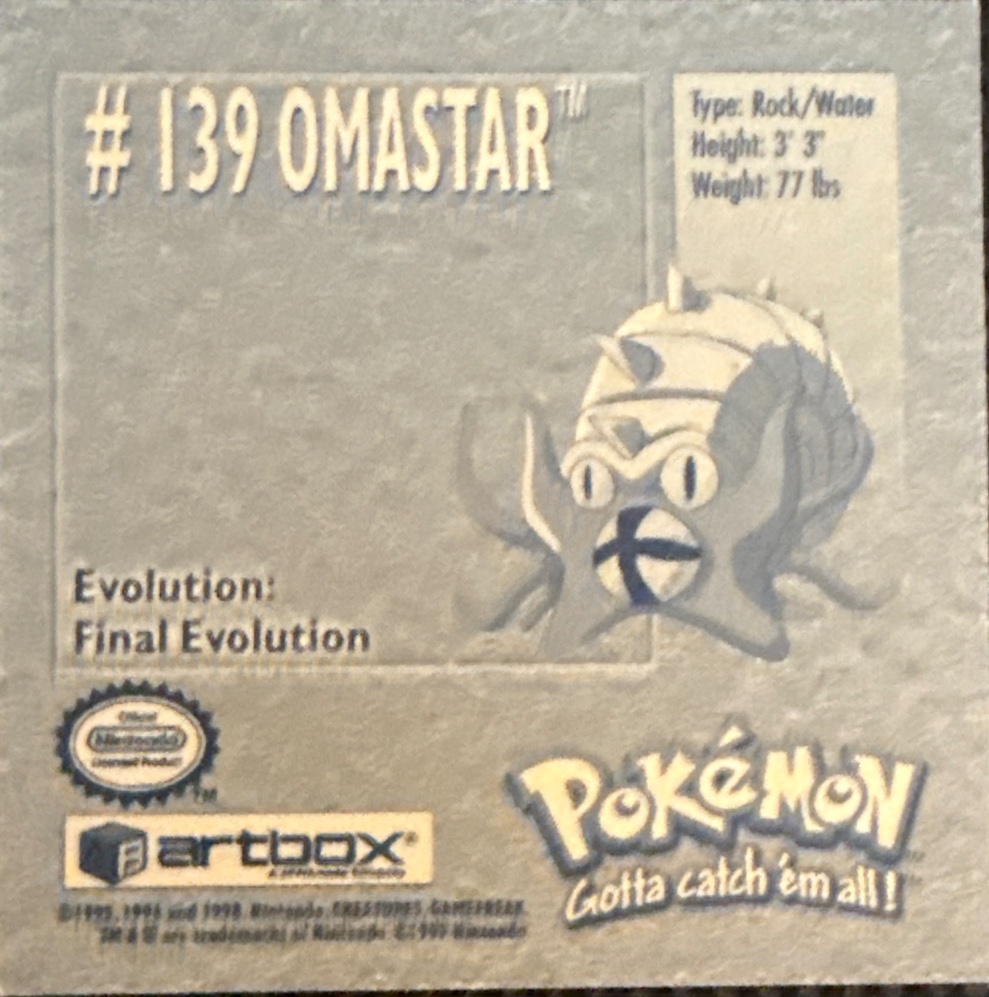 Omastar sticker #139, Artbox (USA) Pokémon Artbox Stickers (1999), back