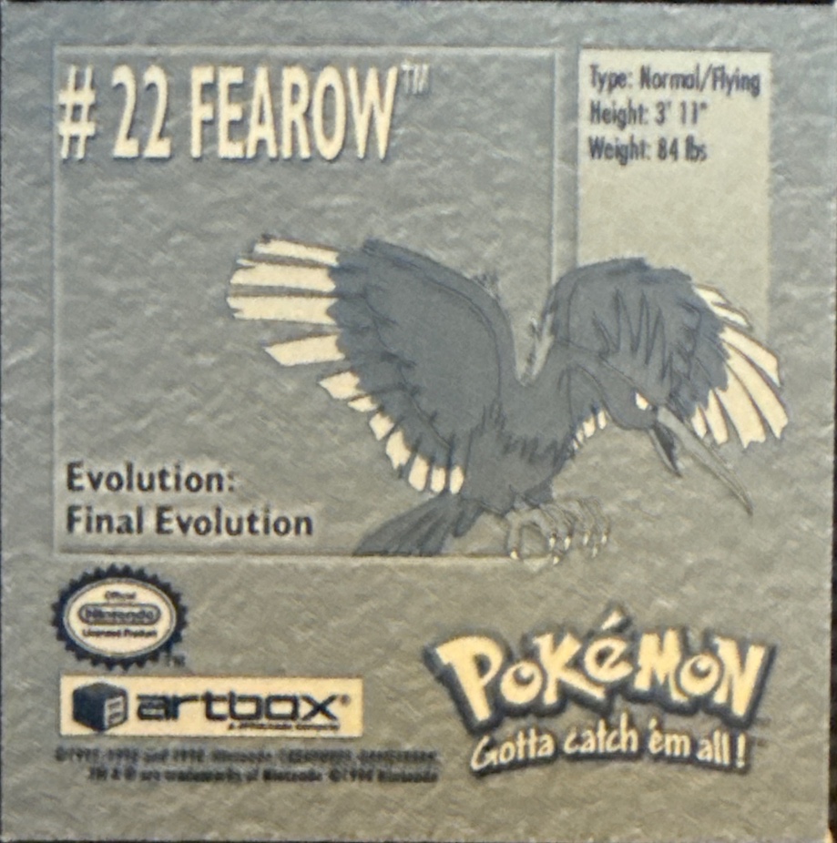 Fearow sticker #22, Artbox (USA) Pokémon Artbox Stickers (1999), back