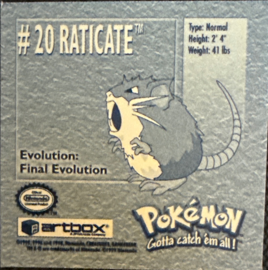 Raticate sticker #20, Artbox (USA) Pokémon Artbox Stickers (1999), back