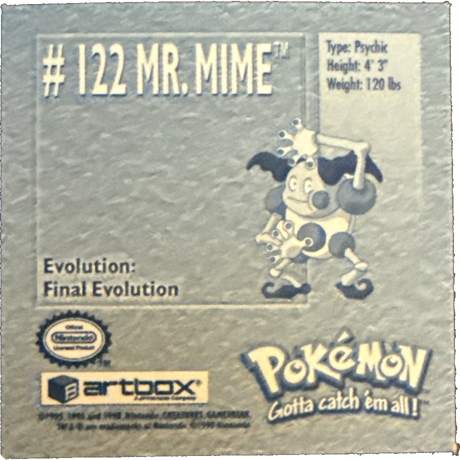 Mr. Mime sticker #122, Artbox (USA) Pokémon Artbox Stickers (1999), back