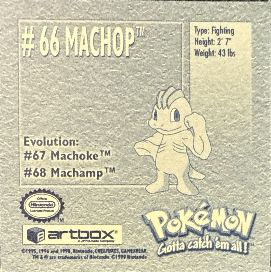 Machop sticker #66, Artbox (USA) Pokémon Artbox Stickers (1999), back