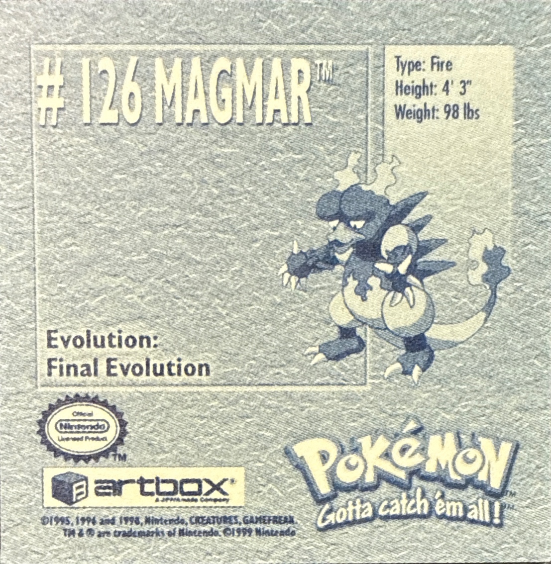 Magmar sticker #126, Artbox (USA) Pokémon Artbox Stickers (1999), back
