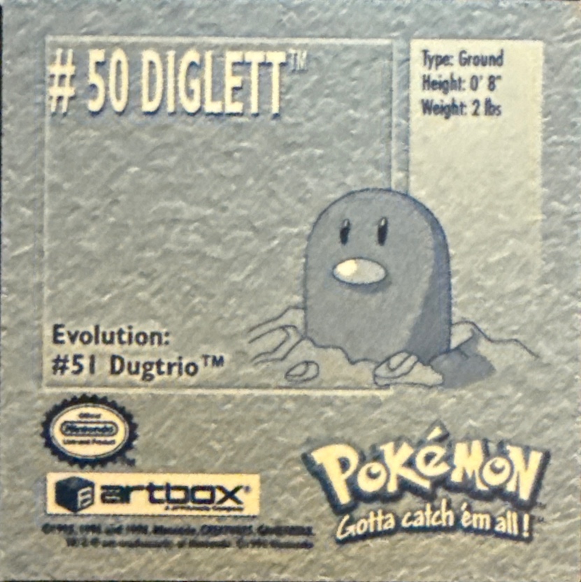 Diglett sticker #50, Artbox (USA) Pokémon Artbox Stickers (1999), back