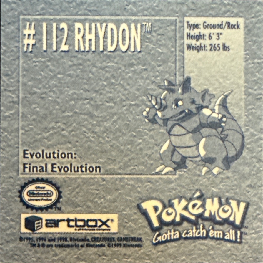 Rhydon sticker #112, Artbox (USA) Pokémon Artbox Stickers (1999), back