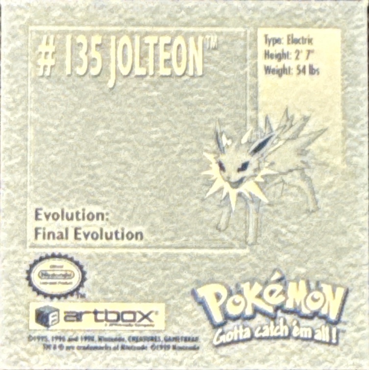 Jolteon sticker #135, Artbox (USA) Pokémon Artbox Stickers (1999), back