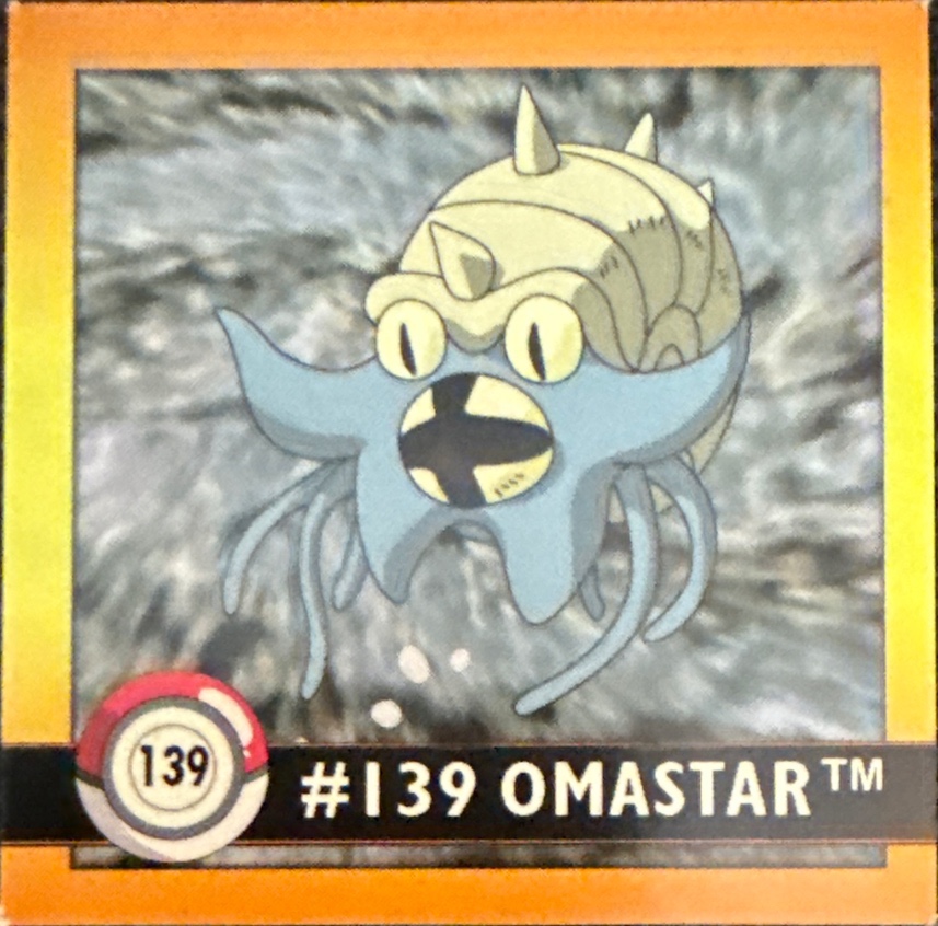 Omastar sticker #139, Artbox (USA) Pokémon Artbox Stickers (1999), front