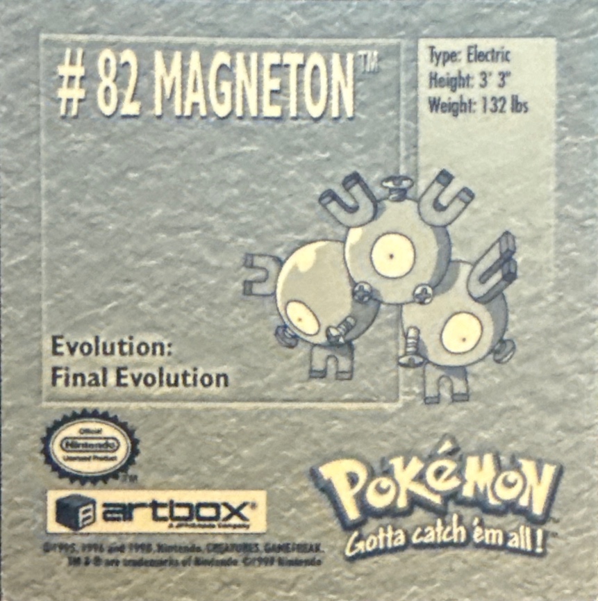 Magneton sticker #82, Artbox (USA) Pokémon Artbox Stickers (1999), back