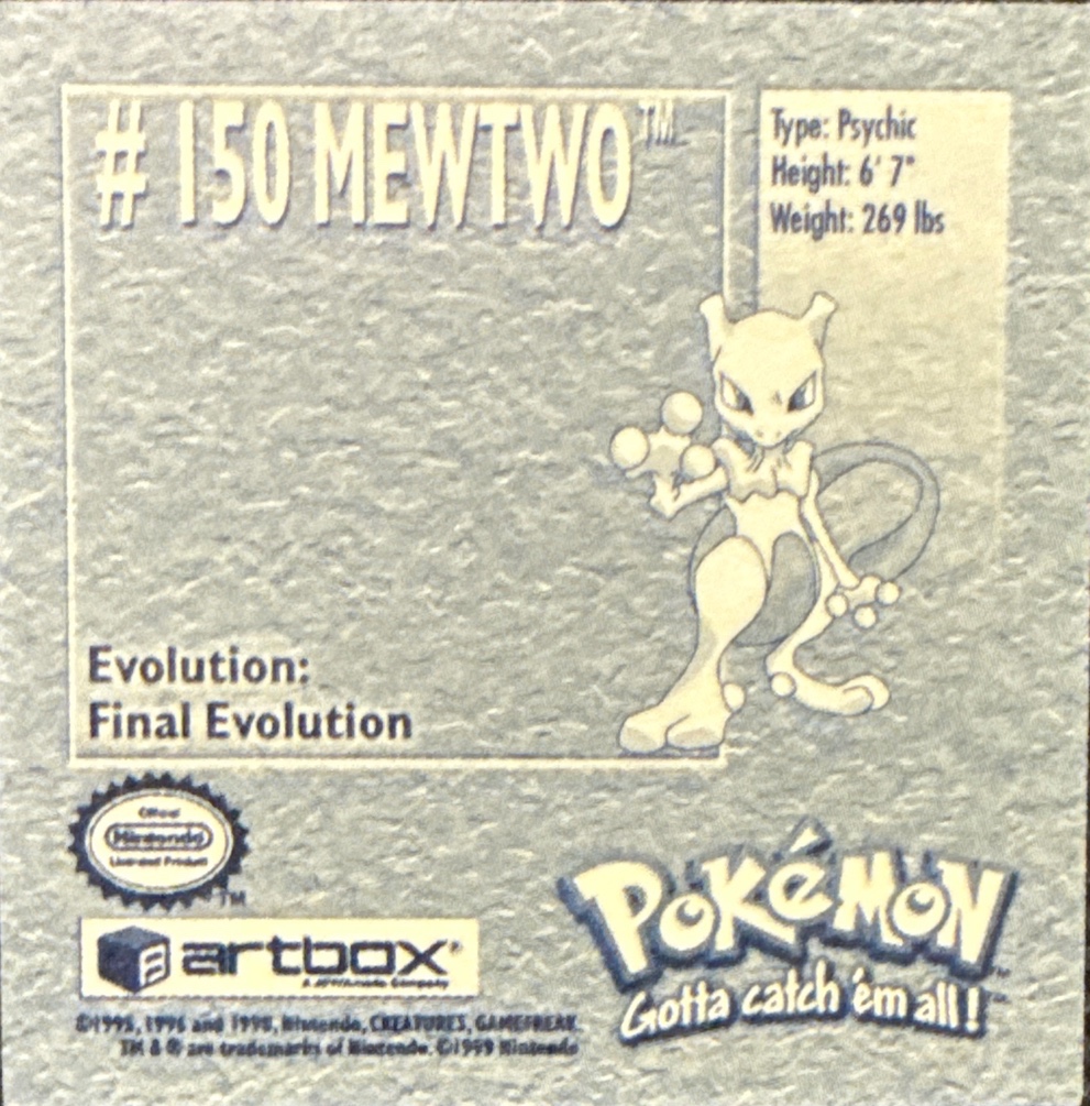 Mewtwo sticker #150, Artbox (USA) Pokémon Artbox Stickers (1999), back