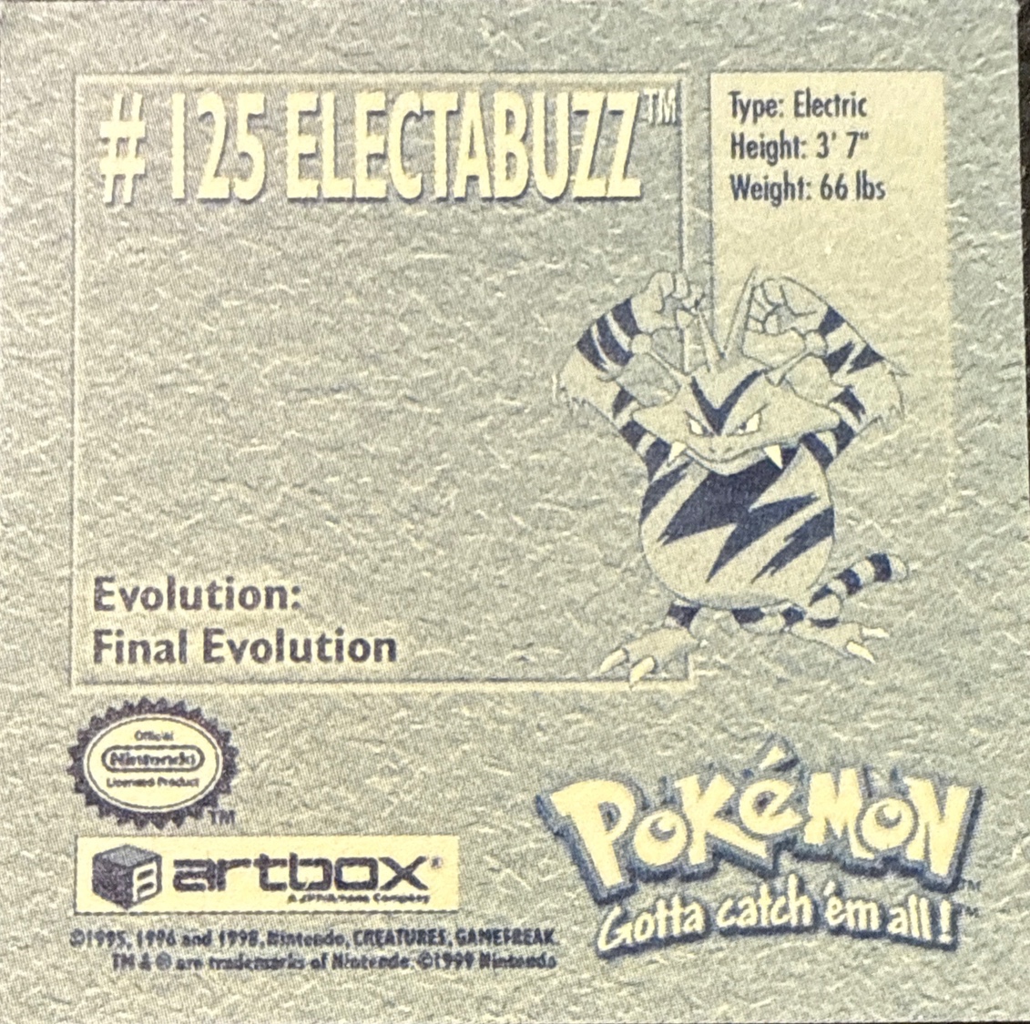 Electabuzz sticker #125, Artbox (USA) Pokémon Artbox Stickers (1999), back