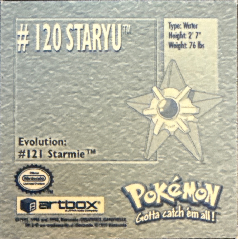 Staryu sticker #120, Artbox (USA) Pokémon Artbox Stickers (1999), back