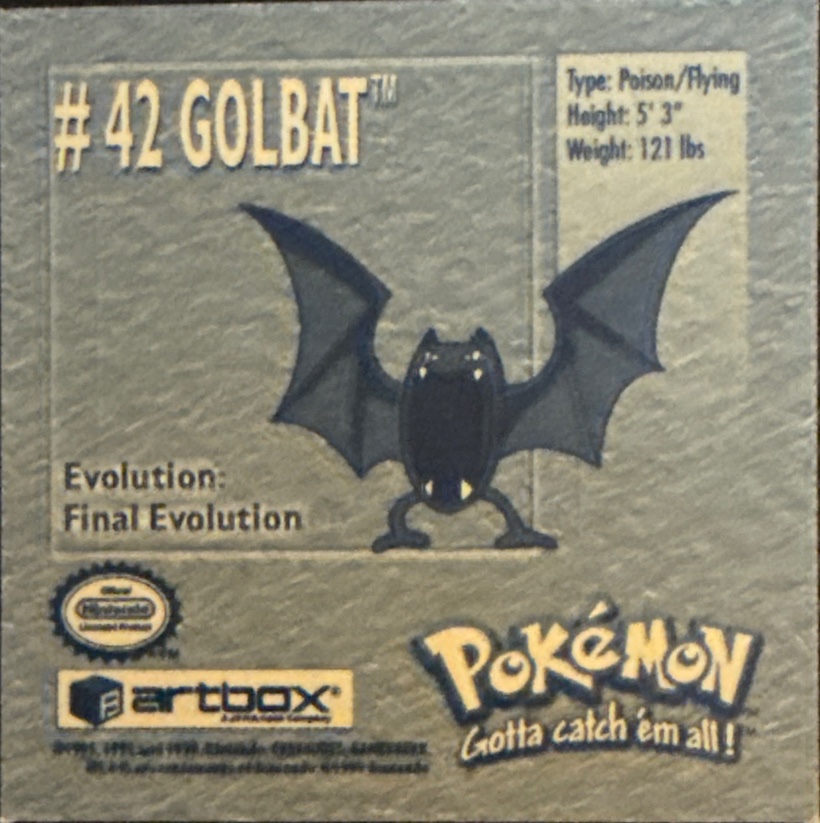 Golbat sticker #42, Artbox (USA) Pokémon Artbox Stickers (1999), back