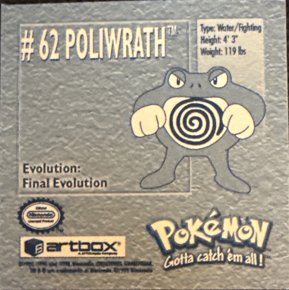 Poliwrath sticker #62, Artbox (USA) Pokémon Artbox Stickers (1999), back