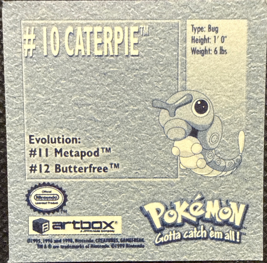 Caterpie sticker #10, Artbox (USA) Pokémon Artbox Stickers (1999), back