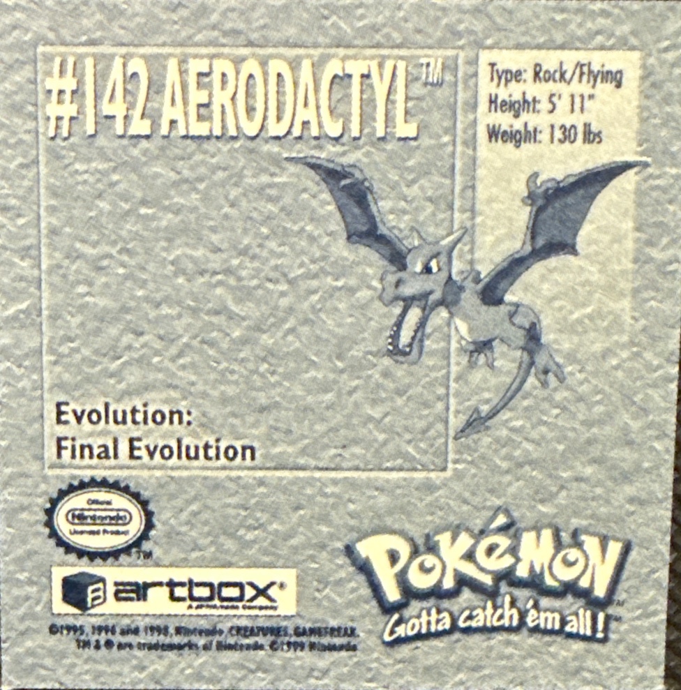 Aerodactyl sticker #142, Artbox (USA) Pokémon Artbox Stickers (1999), back