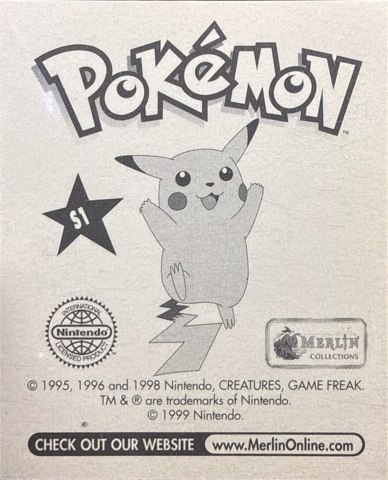 Pikachu: Glittery card #S1, Pokémon Merlin Series 1 (1999), back