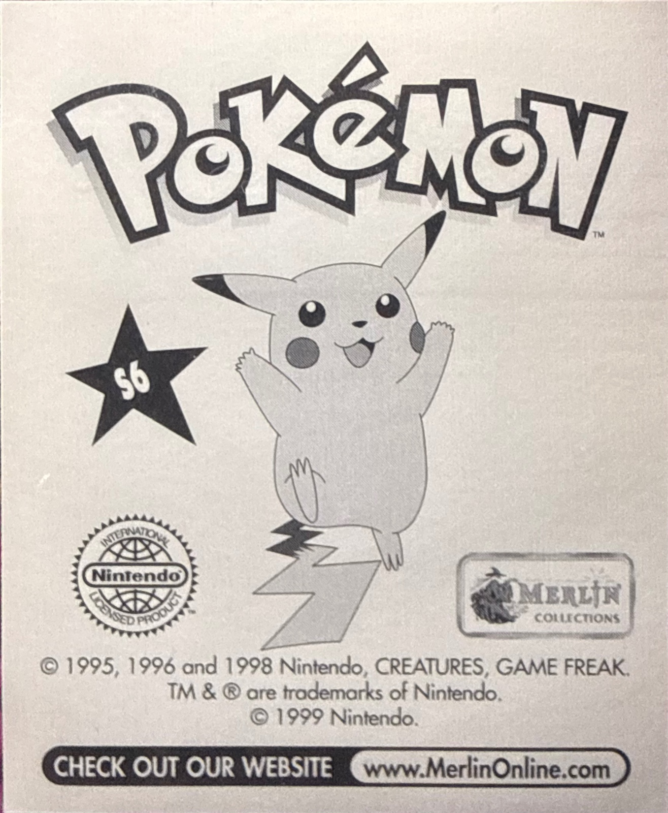 Pikachu: Glittery card #S6, Pokémon Merlin Series 1 (1999), back