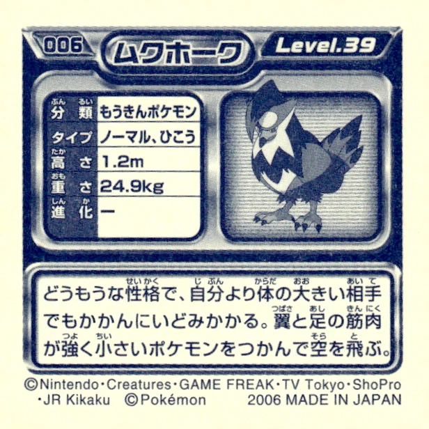 Staraptor sticker #006, Pokémon Ensky DP Retsuden 1 Stickers Checklist (2006), Non-holo, back