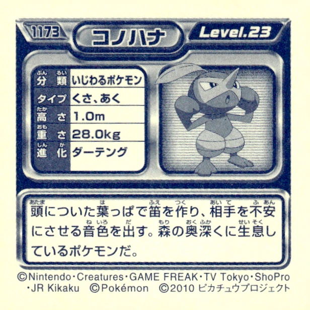 Nuzleaf sticker #1173, Pokémon Ensky DP Retsuden 13 Stickers Checklist (2010), Non-holo, back
