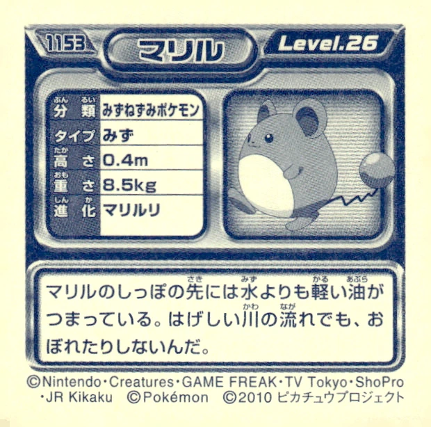 Marill sticker #1153, Pokémon Ensky DP Retsuden 13 Stickers Checklist (2010), Non-holo, back