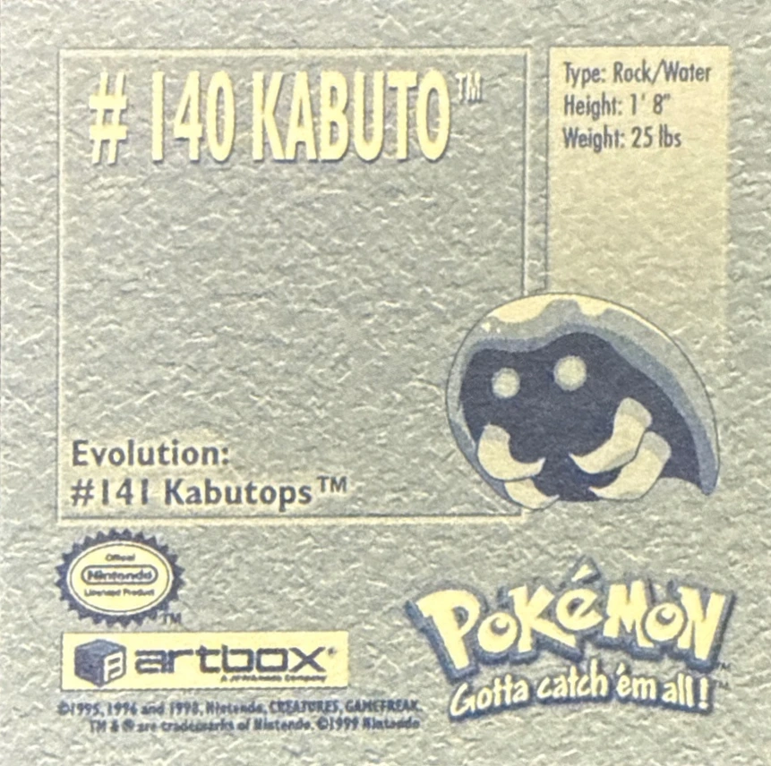 Kabuto sticker #140, Artbox (USA) Pokémon Artbox Stickers (1999), back