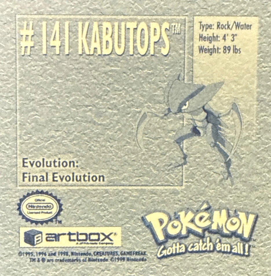 Kabutops sticker #141, Artbox (USA) Pokémon Artbox Stickers (1999), back