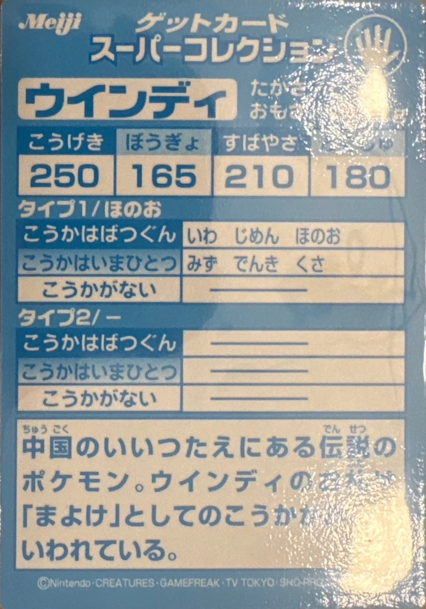 Arcanine / Windie collectible #E15, Pokémon Meiji Embossed (1999), back