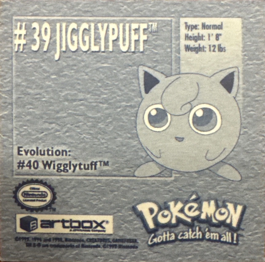 Jigglypuff sticker #39, Artbox (USA) Pokémon Artbox Stickers (1999), back