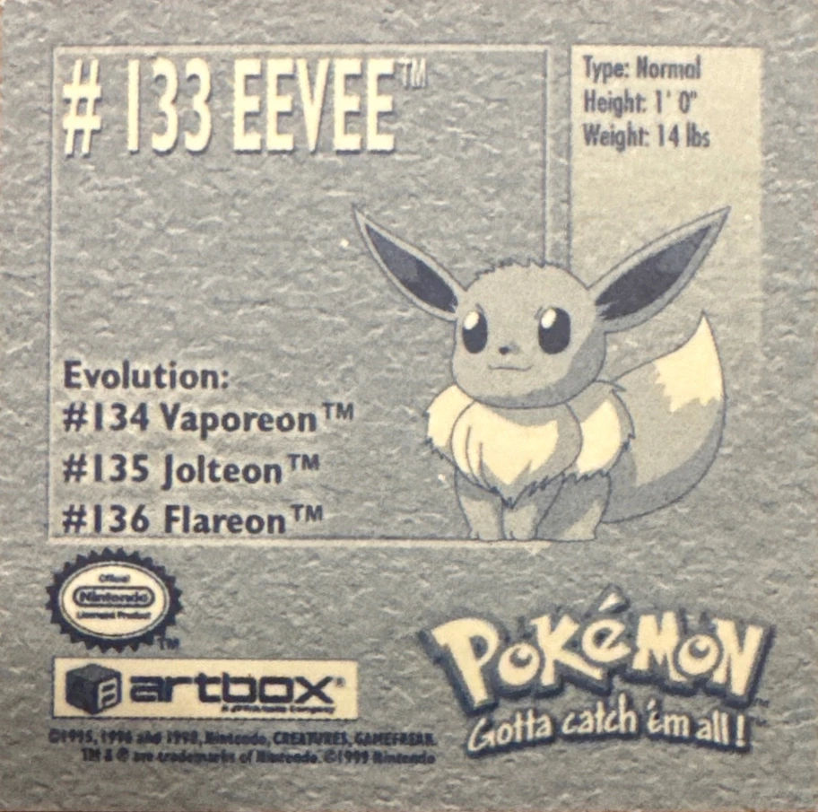 Eevee sticker #133, Artbox (USA) Pokémon Artbox Stickers (1999), back