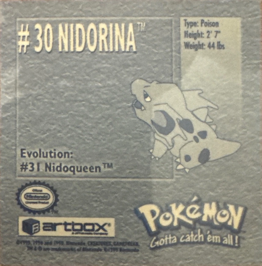 Nidorina sticker #30, Artbox (USA) Pokémon Artbox Stickers (1999), back