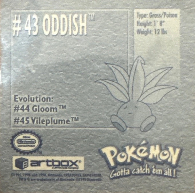 Oddish sticker #43, Artbox (USA) Pokémon Artbox Stickers (1999), back