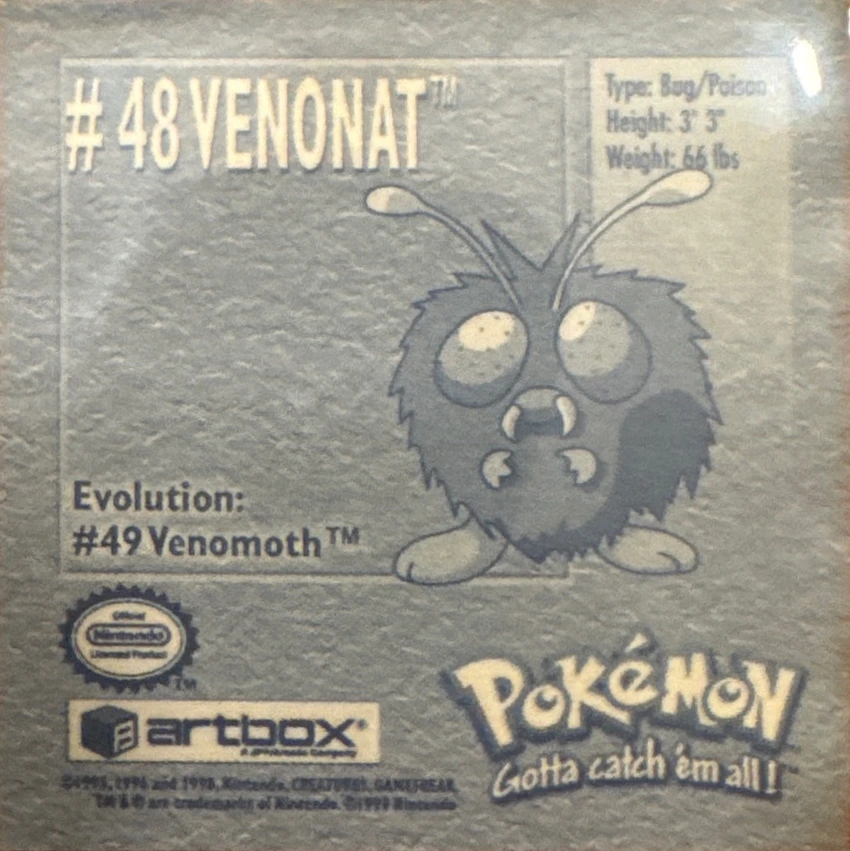 Venonat sticker #48, Artbox (USA) Pokémon Artbox Stickers (1999), back