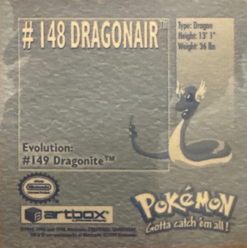 Dragonair sticker #148, Artbox (USA) Pokémon Artbox Stickers (1999), back