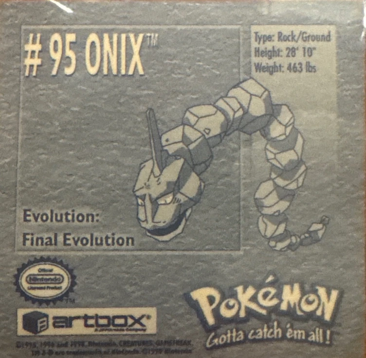 Onix sticker #95, Artbox (USA) Pokémon Artbox Stickers (1999), back