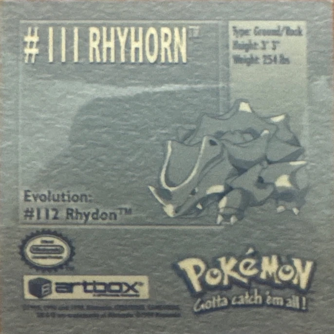 Rhyhorn sticker #111, Artbox (USA) Pokémon Artbox Stickers (1999), back
