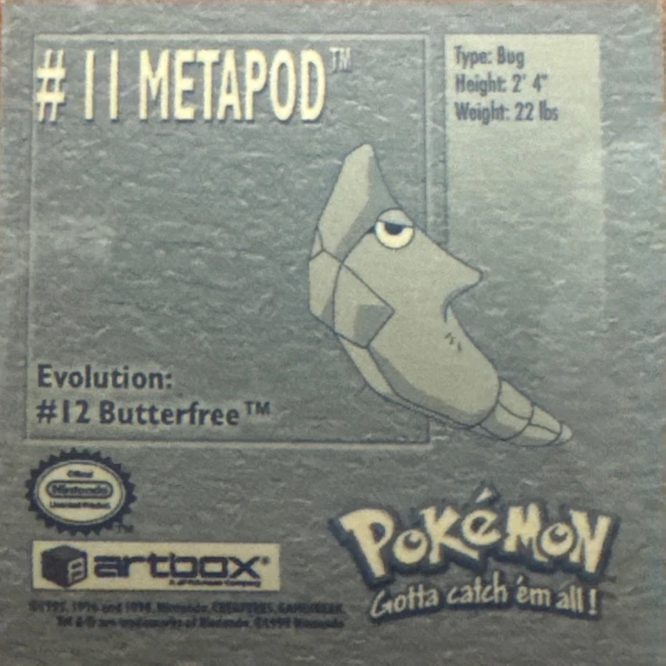 Metapod sticker #11, Artbox (USA) Pokémon Artbox Stickers (1999), back