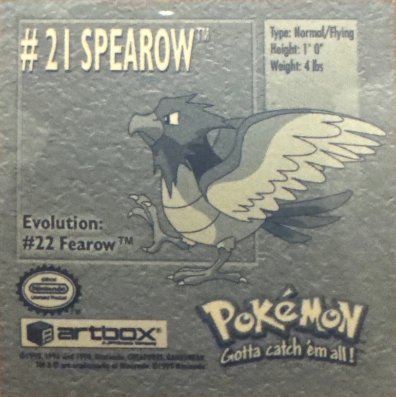 Spearow sticker #21, Artbox (USA) Pokémon Artbox Stickers (1999), back
