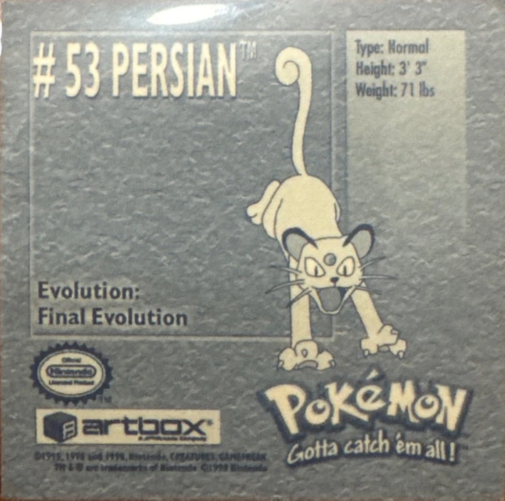 Persian sticker #53, Artbox (USA) Pokémon Artbox Stickers (1999), back