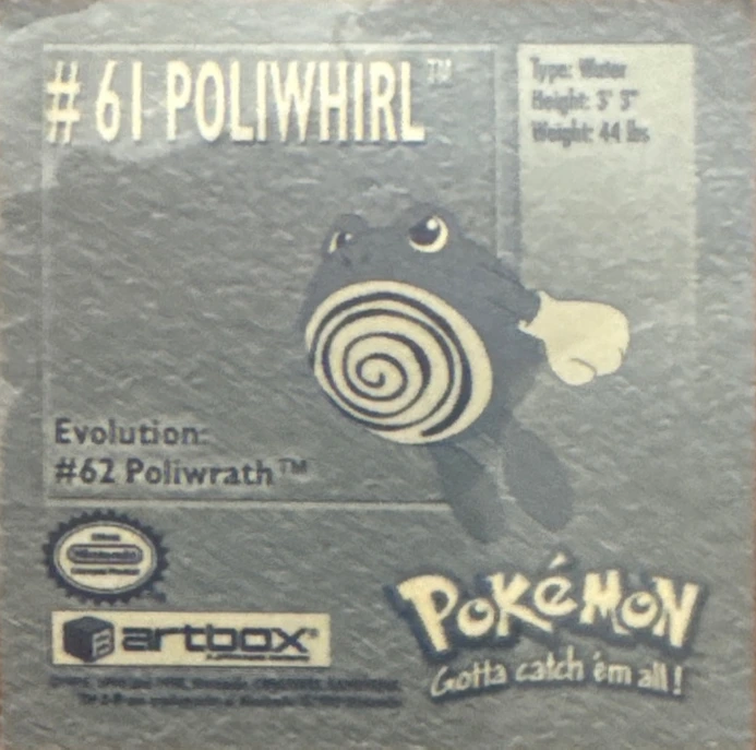 Poliwhirl sticker #61, Artbox (USA) Pokémon Artbox Stickers (1999), back