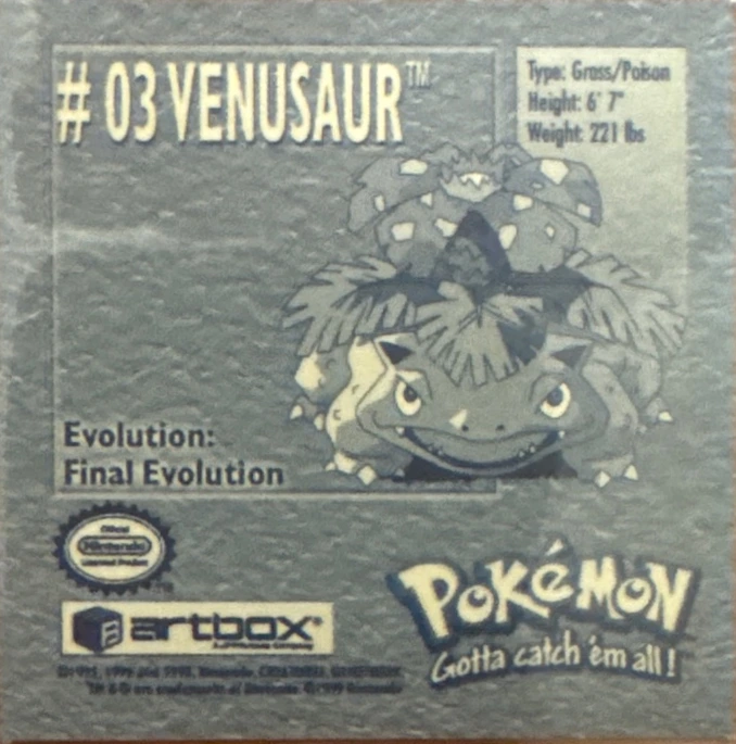 Venusaur sticker #3, Artbox (USA) Pokémon Artbox Stickers (1999), back
