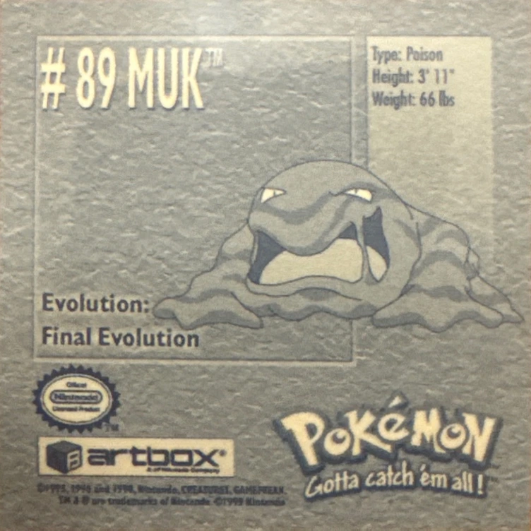 Muk sticker #89, Artbox (USA) Pokémon Artbox Stickers (1999), back
