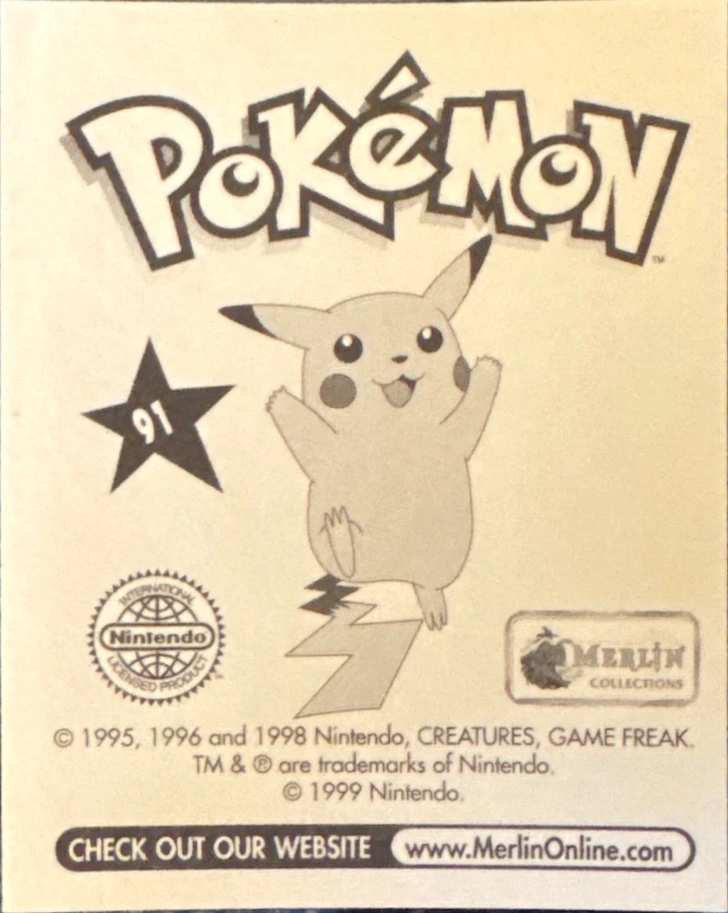 Cloyster card #91, Pokémon Merlin Series 1 (1999), back