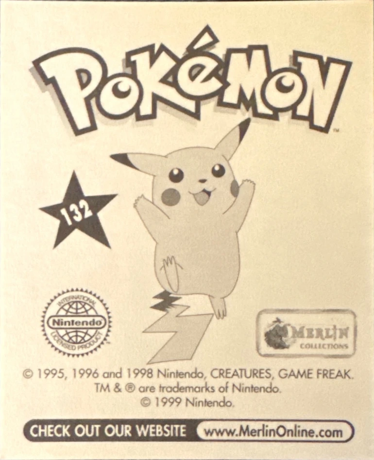 Ditto card #132, Pokémon Merlin Series 1 (1999), back
