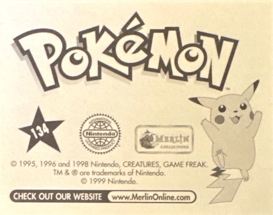 Vaporeon card #134, Pokémon Merlin Series 1 (1999), back