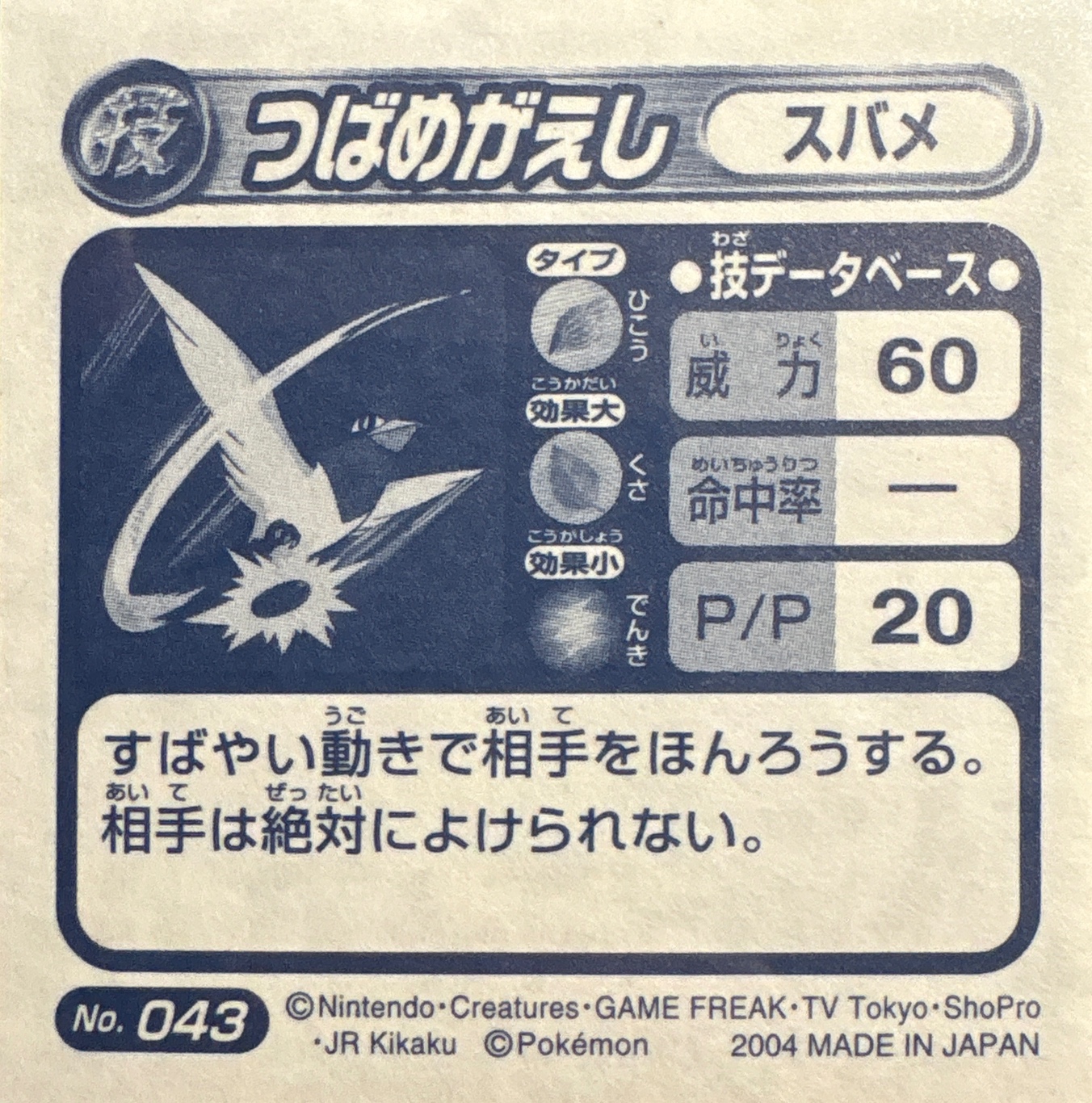Taillow Aerial Ace sticker #043, Pokémon Amada ADV DX Waza 1 Stickers Checklist (2004), back
